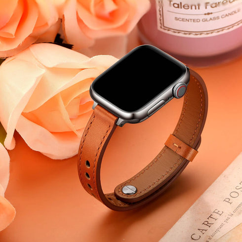 OUHENG Slim Bands for Apple Watch, 42mm 41mm 40mm 38mm, Women Genuine Leather Replacement Thin Strap (Brown/Silver)