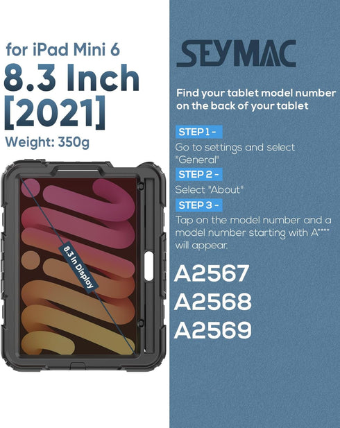 SEYMAC Full-Body Shockproof Protective Case for iPad Mini 6 8.3 Inch, Orange with Screen Protector, 360° Rotating