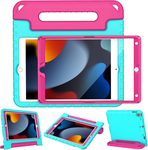 LTROP Kids Case for iPad 9th/8th/7th Generation - Turquoise and Rose Handle Stand Case for 10.2 iPad