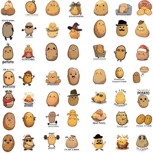 WASHBO 50Pcs Potato Stickers Funny Cartoon Potato Vinyl/PVC Decals for Kids Boys Girls, Cute Stickers for Water Bottles