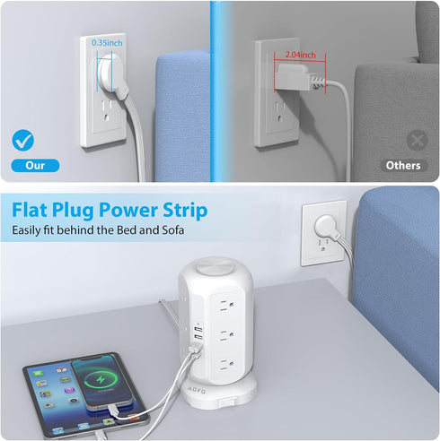 AOFO 12 4 USB(1 10Ft Tower Power Strip Flat Plug with Outlets USB C), Surge Protector Charging Station with Overload