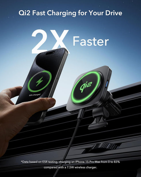 ESR Qi2 15W MagSafe Car Mount Charger, Air Vent/Dashboard Magnetic Wireless Charger for iPhone 15/14/13/12, Black