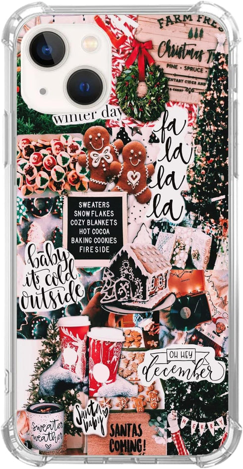 Retro Aesthetic Christmas Holiday Collage Case for iPhone 13, Gingerbread and Tree Pattern, Unique TPU Bumper Cover for