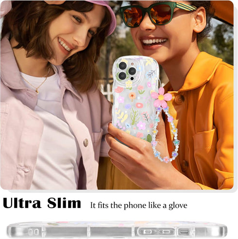 for iPhone 14 Pro Max Case, Cute Colorful Flower Curly Wave Clear Case with Lovely Flower Bracelet Chain for Women Girls Soft TPU Shockproof Protective Case Cover for iPhone 14 Pro Max