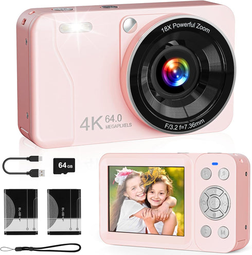 HSZTJJYP Digital Camera, 4K 64MP, 18X Zoom, Point and Shoot Digital Camera with