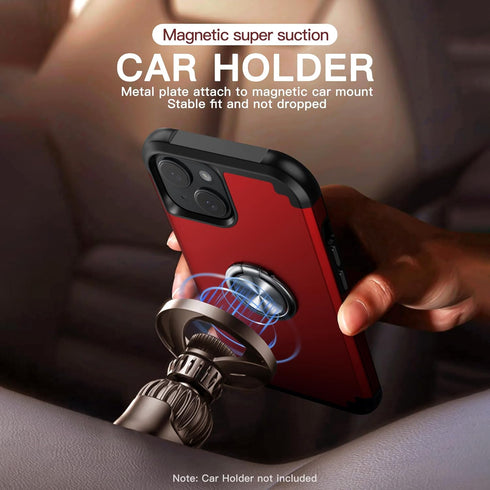 IDweel iPhone 15 Plus Case: 2-in-1 Shockproof Cover with Screen Protector, 360° Ring Holder, Camera Lens Protector, Red.