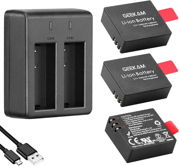 Action Camera Battery Pack, 1350mAh Rechargeable Battery (3-Pack) with USB Dual Charger for Sports Cameras