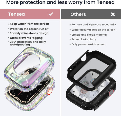 Tensea [2 in 1 for Waterproof Apple Watch Screen Protector Case Series 9 8 7 45mm Accessories, iWatch Hard Diamond Front & Back Bumper Case with Tempered Glass Film, Bling Face Cover Women, 45 mm