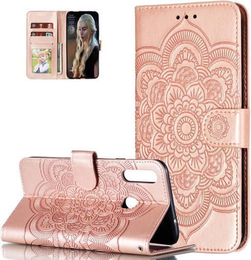 Samsung Galaxy A20S Case, Stylish PU Leather Wallet with Stand, Credit Card Slot, Shockproof Flip, Rose Gold Sunflower