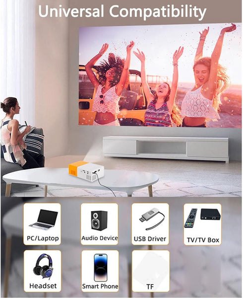 Mini Projector, 1080P Full HD Video Projector for Outdoor Home Theater, Hifi Stereo Speakers, HDMI, USB, AV