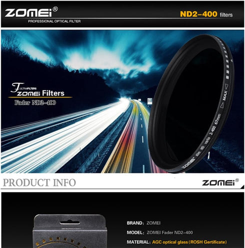 Zomei 77mm Ultra Slim ND2-ND400 Fader Variable Neutral Density Adjustable ND Lens Filter