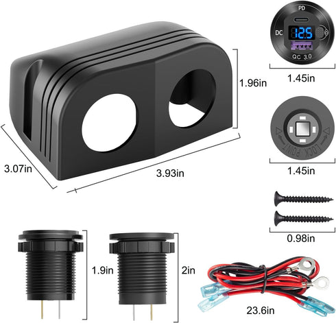 Tent Type Panel 12V USB Outlet Lighted Cigarette Lighter Socket, PD3.0 & QC3.0 Car USB Port Charger with LED Voltmeter
