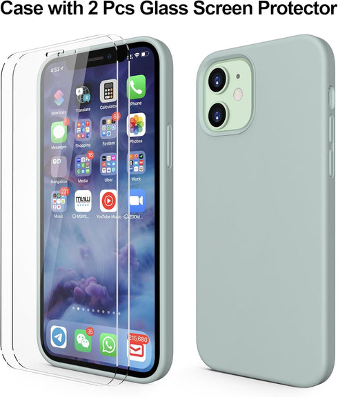 CellEver Heavy-Duty Silicone Case for iPhone 12/12 Pro, Two Shatterproof Glass Screen Protectors, Light Mint