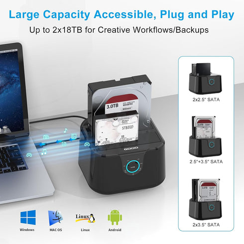 GODO 3.0 2.5/3.5 inch (5 USB to SATA III Mini Dual Bay External Hard Drive Docking Station for HDD SSD,Support Offline