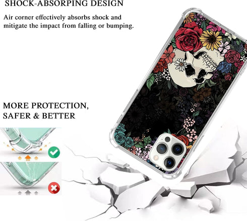 Floral Skull Case for iPhone 15 Pro Max, Unique Trendy TPU Bumper Cover with Sugar Skull and Flowers Design