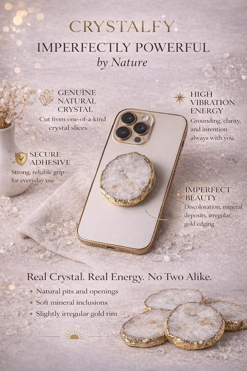 CRYSTALFY Grips by Perfectly Imperfect White Druzy Crystal Phone Grip Holder & Expanding Kickstand - Natural Gemstone