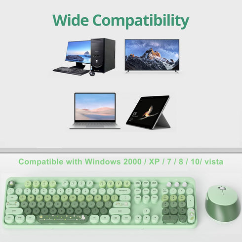 Fogruaden Green Keyboard and Mouse Wireless, Retro Typewriter Keyboard, 2.4GHz 104 Keys Full Size Cute Keyboard