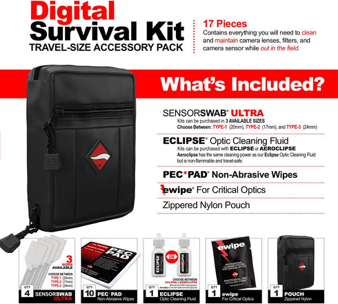 Photographic Solutions Digital Survival Kit - Camera Cleaning Kit with Sensor Swabs, Wipes, and Fluid