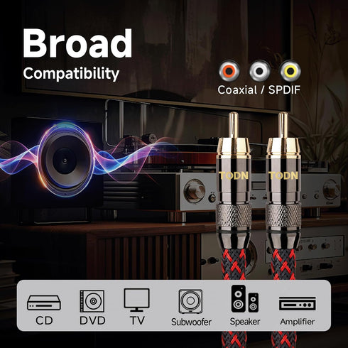 75-Ohm (3ft /1m) TODN HiFi Digital Coaxial Audio Cable for Audiophile SPDIF Coax Subwoofer Cable RCA to RCA with OFC