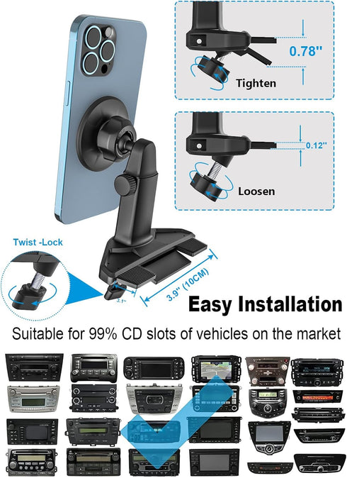 YOOZ 15/14/ 13 Car CD Slot Phone Mount Magnetic, Car CD Player Phone Holder Mag-Safe with Telescopic Arm [Upgraded