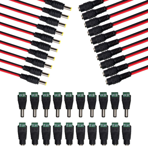 MILAPEAK 10 Pairs DC Power Pigtail Cable 12V 5A Male & Female + 10 Pairs DC Power Jack Plug Adapter Barrel Connector.