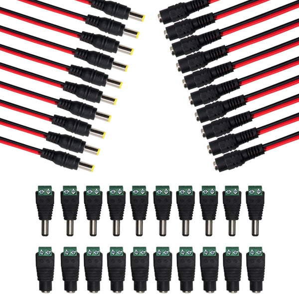 MILAPEAK 10 Pairs DC Power Pigtail Cable 12V 5A Male & Female + 10 Pairs DC Power Jack Plug Adapter Barrel Connector.