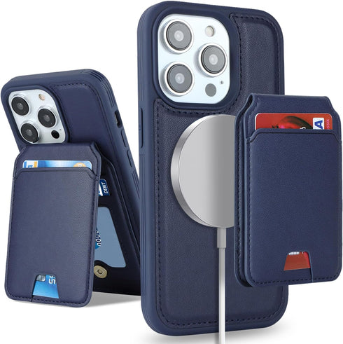 iPhone 15 Pro Max Case with Credit Card Holder MagSafe, Leather Wallet for Women, Detachable 2-in-1 for Men - Blue
