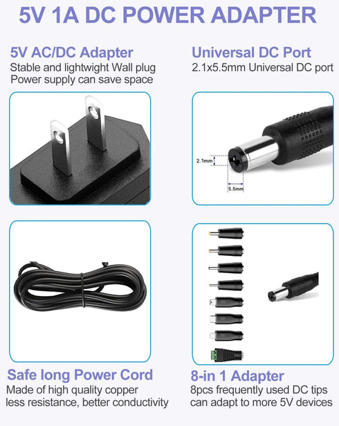iCreatin 5V 1A 5W 100V-240V 5 1Amp 0.5A Power Supply Adapter AC/DC Charger AC to DC Volt Replacement Power Cord USB