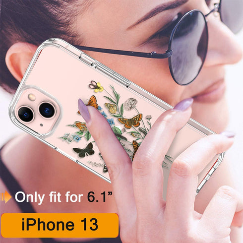 GiiKa iPhone 13 Case with Screen Protector, Clear Protective Floral Shockproof Hard Case with TPU Bumper