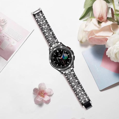 Bands for Samsung Galaxy Watch 4 Classic (46mm), 20mm Luxury Rhinestone Metal Bracelet with Bezel Ring