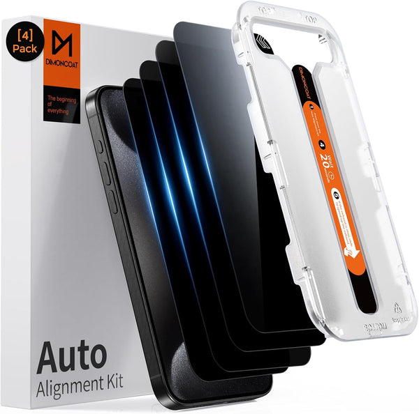 DIMONCOAT Privacy Screen Protector for iPhone 15 Pro Max - 4-Pack, 10X Military Protection, Auto Alignment, Case
