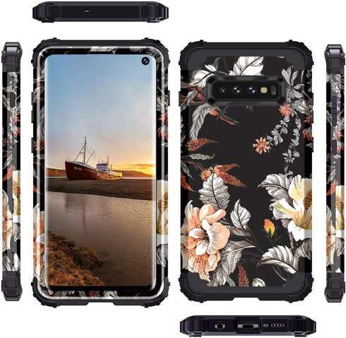 Casetego Floral Three Layer Heavy Duty Hybrid Case for Samsung Galaxy S10, Sturdy Shockproof Cover (Orange Flower/Black)