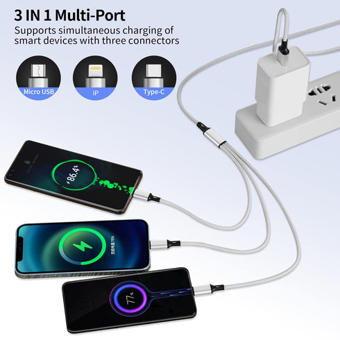 Multi Charging Cable, Multi 3 in 1 iPhone Charging Cable, Lightning/Type-C/Micro USB Universal Port Adapter,1.8M/6FT Long Nylon Braided Phone Charger Cable Adapter for Android/iPhone 15/Samsung-2Pack
