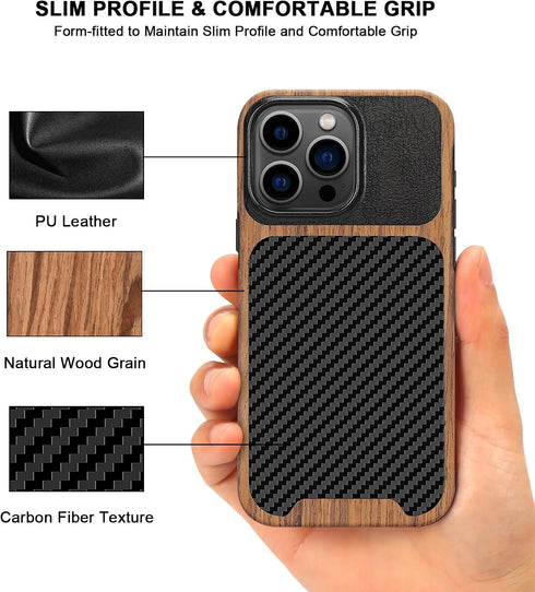 TENDLIN iPhone 15 Pro Max Case - Black Wood Grain & Carbon Fiber Leather Hybrid Slim Design