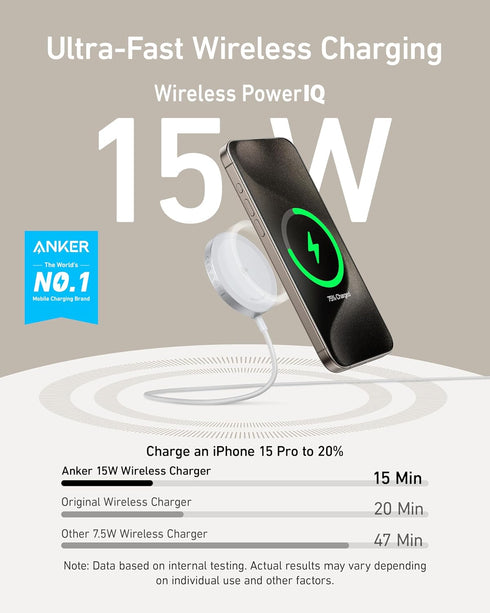 Anker MagGo Magnetic Wireless Charger (Pad), Qi2 Certified 15W Ultra-Fast MagSafe Compatible Wireless Charger, for iPhone 15/15 Plus/15 Pro/15 Pro Max/14/13/12 Series (Charger Not Included)