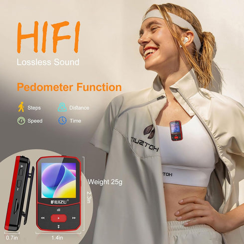 RUIZU 64GB Clip MP3 Player with Bluetooth 5.3, Portable Music Player with Voice Recorder, FM Radio, Red
