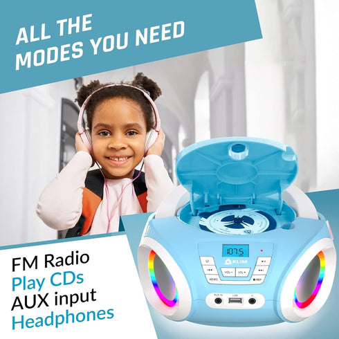 KLIM Candy Kids Boombox CD Player with FM Radio, Batteries Included, Cute Blue Radio for Kids