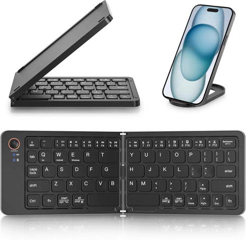 Mini Foldable Bluetooth Keyboard, Portable Wireless Full Size Keyboard (Sync Up to 3 Devices) for iPhone iPad Mac