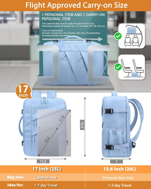 Waterproof Travel Backpack for Women Men, Flight Approved Carry On Overnight Bag for 17'' Laptop, Light Blue