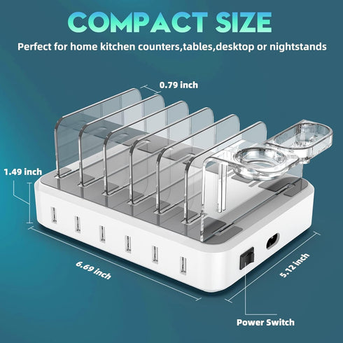 Charging Station for Multiple Devices, 60W 6 Port Charger Station with 7 Mixed Charging Cables, USB Charging Dock,