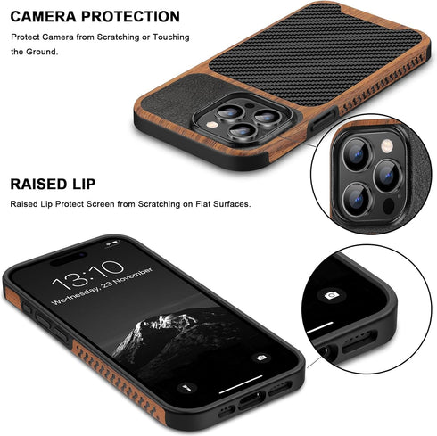 TENDLIN iPhone 15 Pro Max Case - Black Wood Grain & Carbon Fiber Leather Hybrid Slim Design