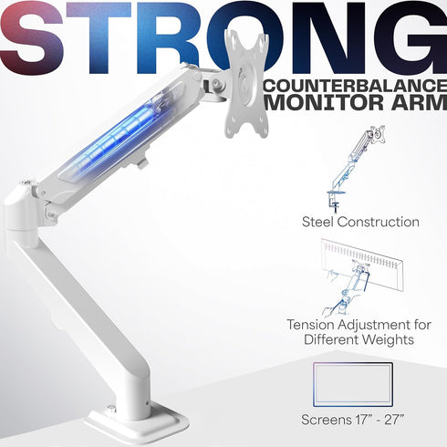 VIVO Articulating Single Monitor Stand, 17 to 27 inch Pneumatic Spring Arm Clamp-on Desk Mount, Max VESA 100x100, White
