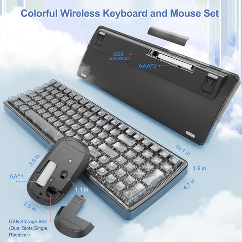 Wireless Transparent Keyboard and Mouse Combo with Soft Wrist Rest, Ergonomic Full-Size with Clear Keycaps, Compatible
