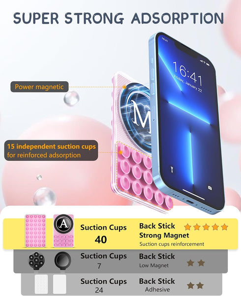 BOVOGAVA Suction Cup Phone Mount, Silicone Sticky Phone Grip with Magnetic Ring for iPhone & Android, Initial Double