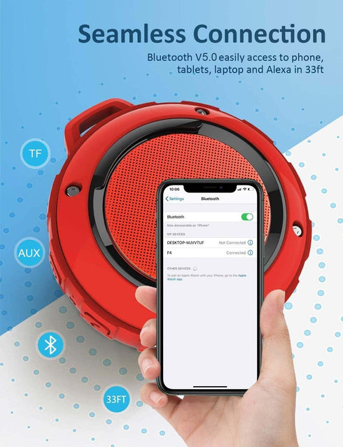Kunodi Outdoor Waterproof Bluetooth Speaker, Mini Portable Wireless Shower Speaker with Subwoofer, Enhanced Bass,