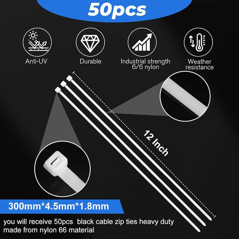 Shappy 50 Pcs Heavy Duty Zip Ties, Strong Large Industrial Wire Ties for Bundling Crops, Awnings, Water Pipes (White,