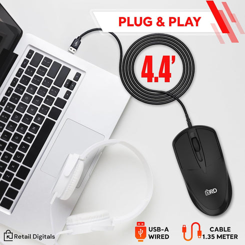 Retail Digitals 3-Button USB Wired Mouse | High-Precision Optical Tracking | Durable for Desktop & Laptop | Black