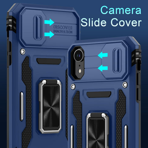 DEERLAMN for iPhone XR Case with Slide Camera Cover + Screen Protector (1 Pack), Rotated Ring Kickstand Military Grade