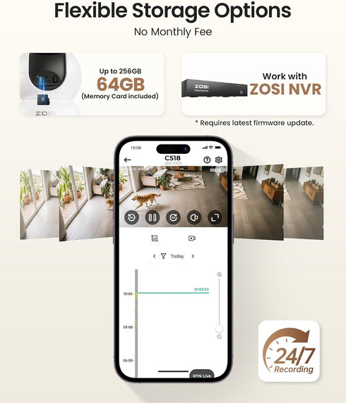 ZOSI 4K C518 360 2-Way 5GHz/2.4GHz 64G Indoor Security Camera, WiFi Pan/Tilt Pet/Dog/Baby Plug-in IP Camera, Auto