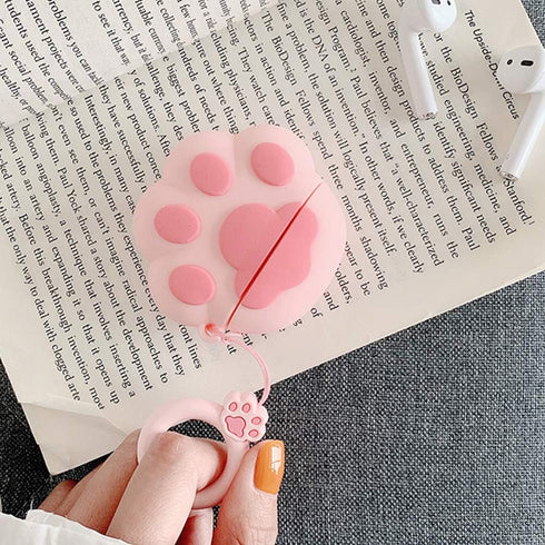 Cat Paw AirPods Case 1/2 - Compatible Protective Silicone Skin for Women - Funny Kawaii 3D Cover with Ring (Pink)